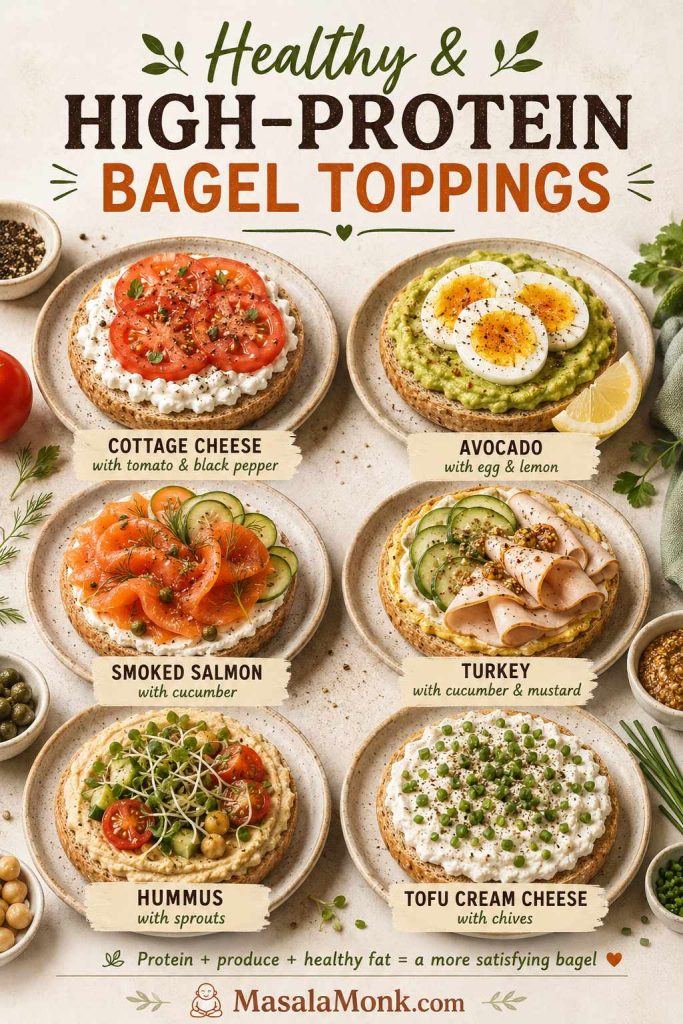 Healthy high-protein bagel toppings with cottage cheese tomato, avocado egg, smoked salmon cucumber, turkey mustard, hummus sprouts, and tofu cream cheese.