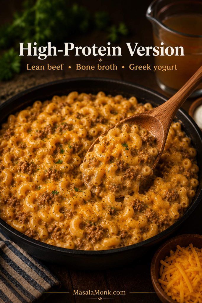 Healthy homemade Hamburger Helper variation with creamy macaroni, ground beef or turkey, vegetables, and cheddar sauce.