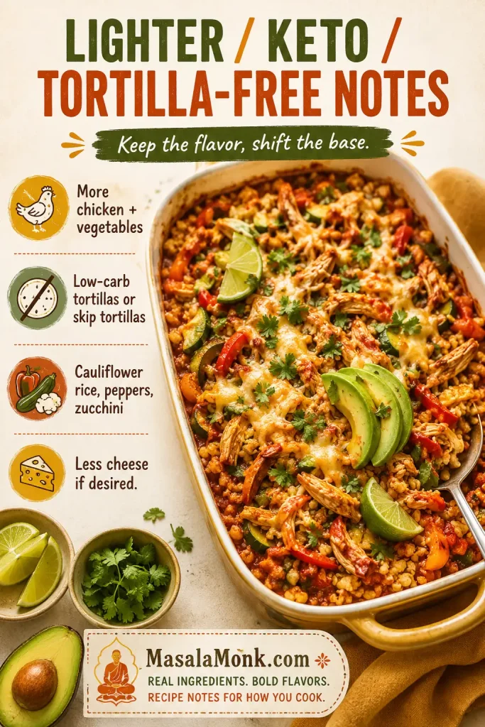 Lighter keto chicken enchilada casserole notes with shredded chicken, peppers, zucchini, cauliflower rice, avocado, lime, and less cheese.