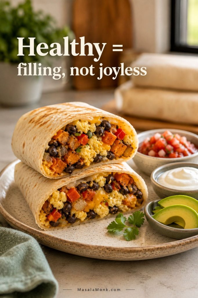 Healthy meal prep breakfast burrito with eggs, beans, vegetables, sweet potatoes, cheese, salsa, avocado, and Greek yogurt.