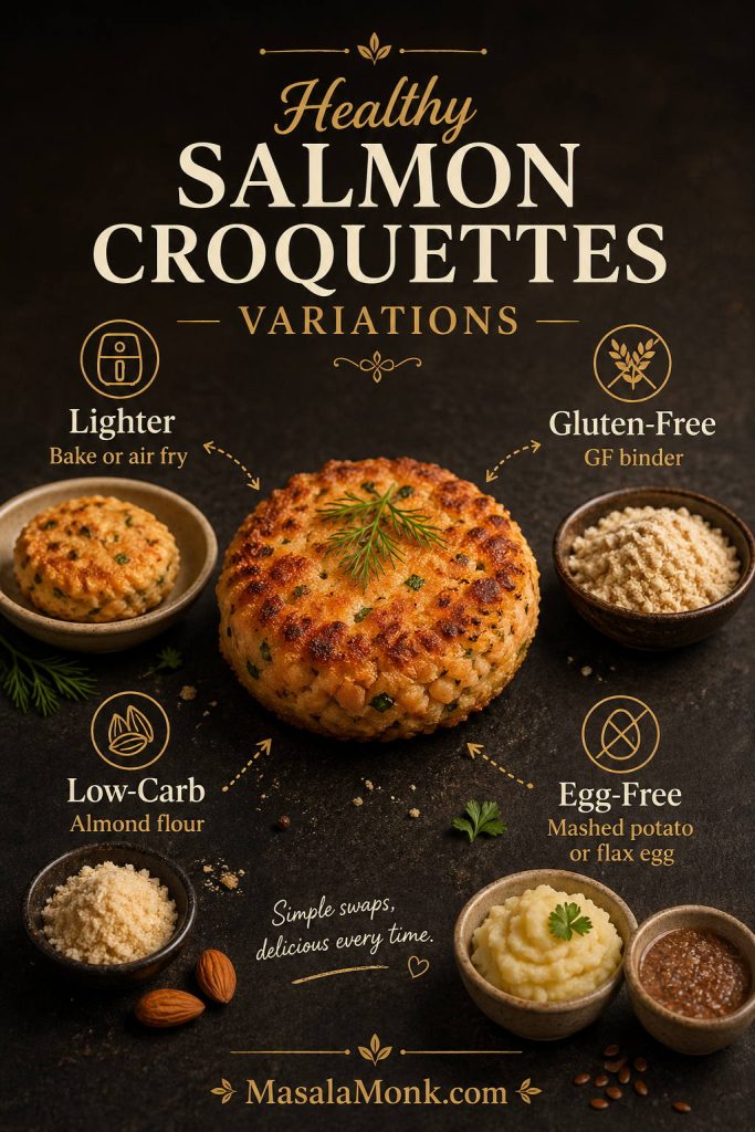 Healthy salmon croquette variation board showing lighter, gluten-free, low-carb, and egg-free options