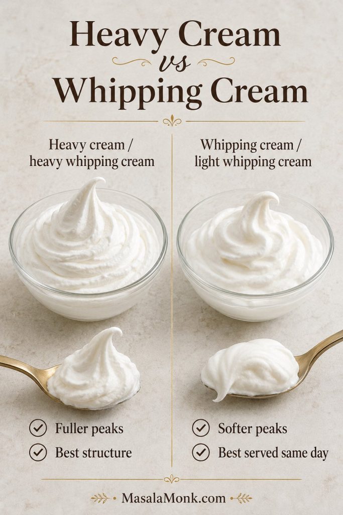 Side-by-side comparison of whipped cream made with heavy cream and lighter whipping cream, showing fuller and softer peaks.