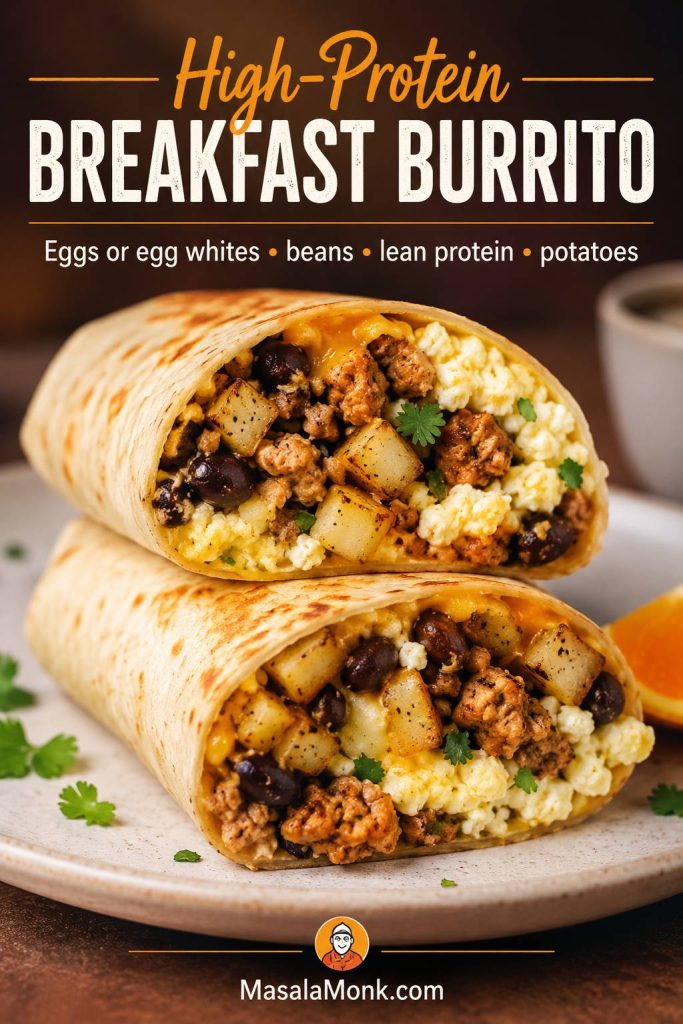 High-protein breakfast burrito with eggs, egg whites, beans, lean meat, and potatoes
