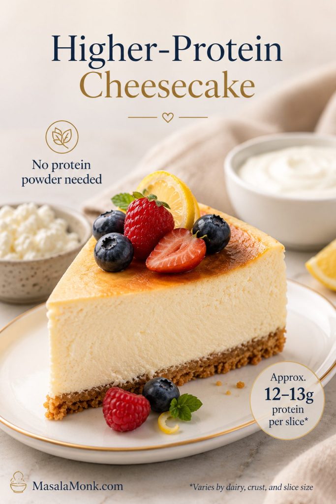 Higher-protein cottage cheese cheesecake slice with cottage cheese, Greek yogurt, berries, and a protein estimate note