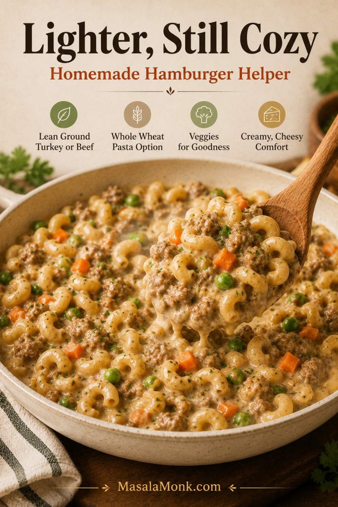 High-protein homemade Hamburger Helper with lean beef, high-protein pasta, bone broth, Greek yogurt, and cheddar cheese.