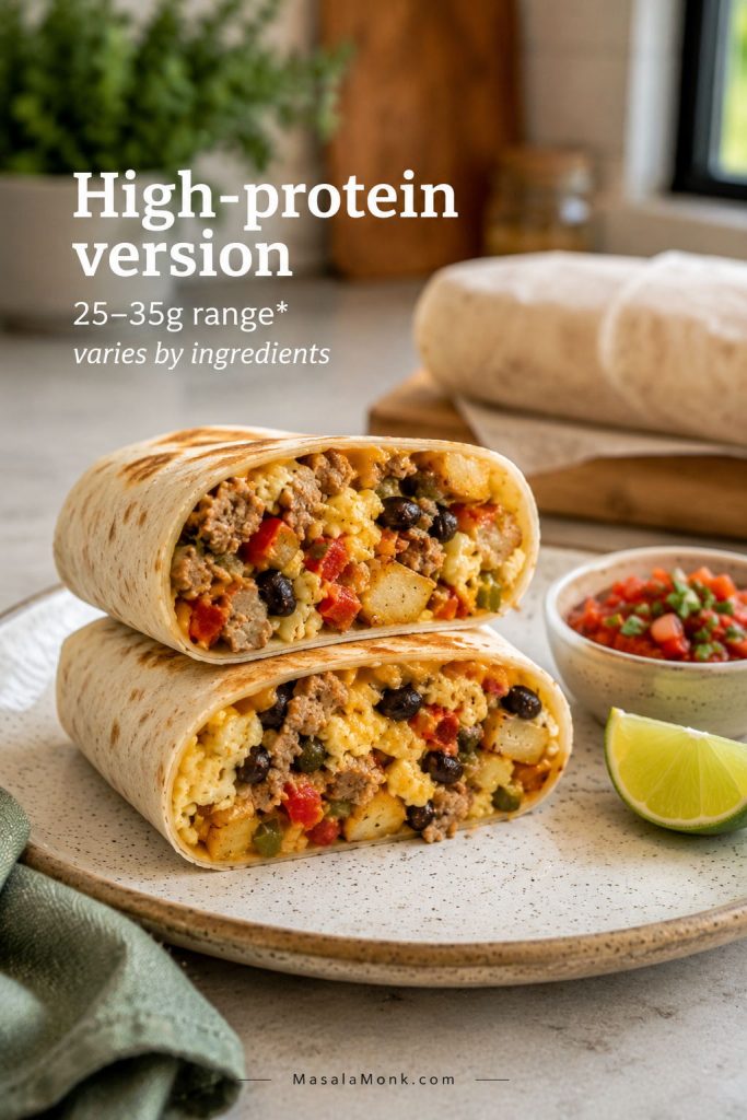 High-protein meal prep breakfast burrito filled with eggs, turkey, black beans, cheese, potatoes, and peppers.