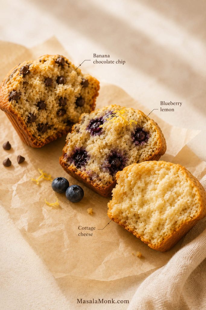 Crumb comparison of banana chocolate chip, blueberry lemon, and cottage cheese high protein muffins.