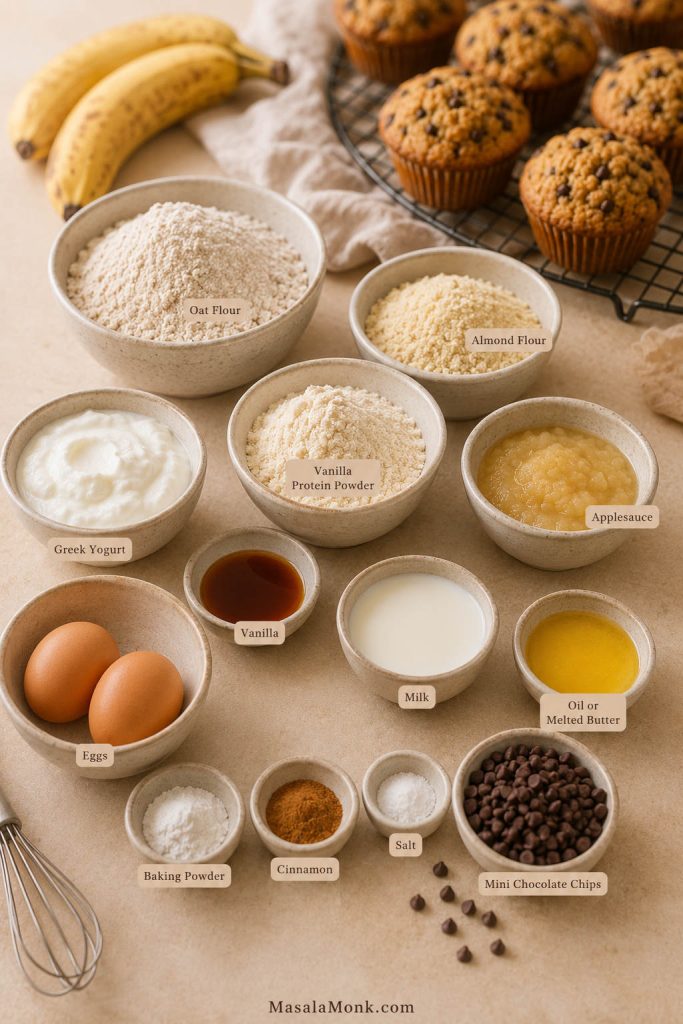 Ingredients for high protein muffins including oat flour, protein powder, Greek yogurt, banana, eggs, and chocolate chips.
