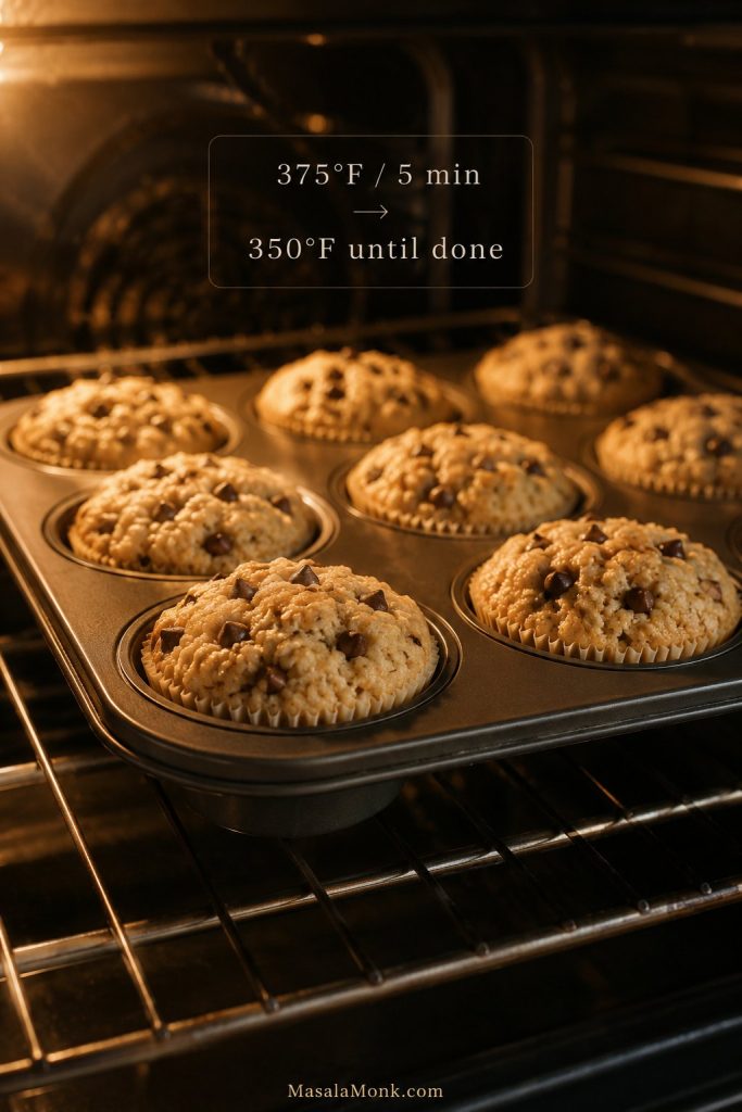 High protein muffins baking with a hot-start oven cue of 375 degrees then 350 degrees.