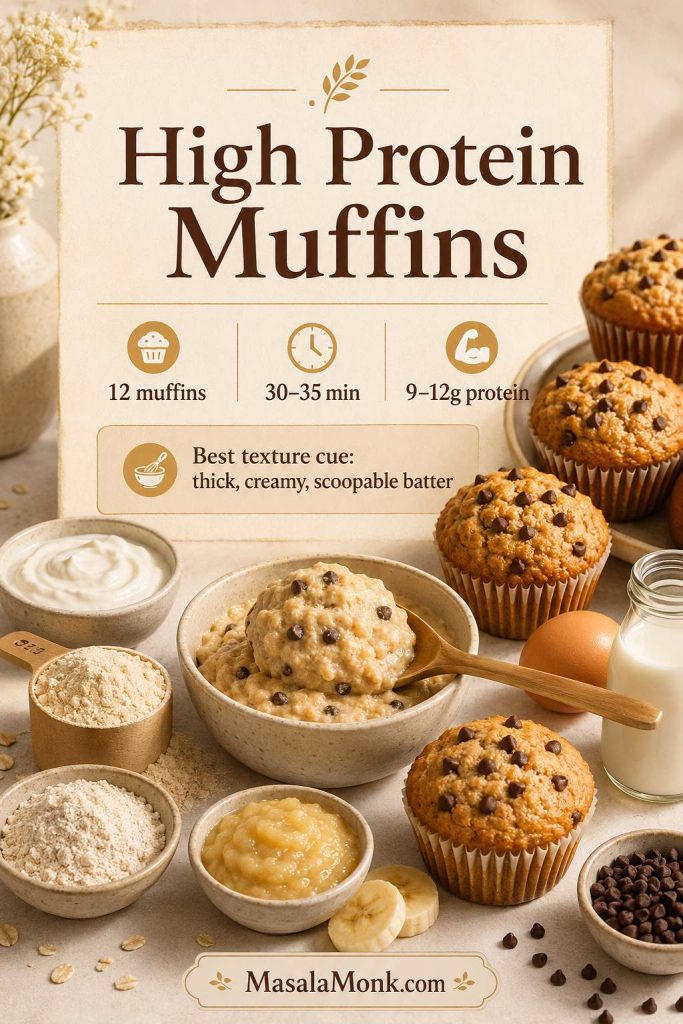 High protein muffins recipe card image with yield, time, protein range, and batter texture cue.