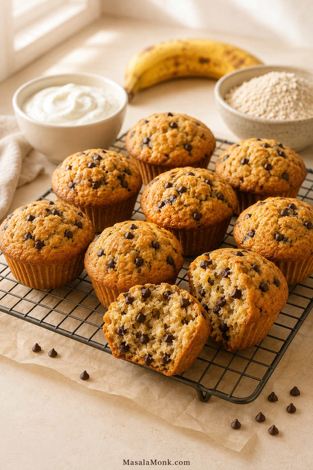 High protein muffins on a cooling rack with one muffin split open to show a soft chocolate chip crumb.