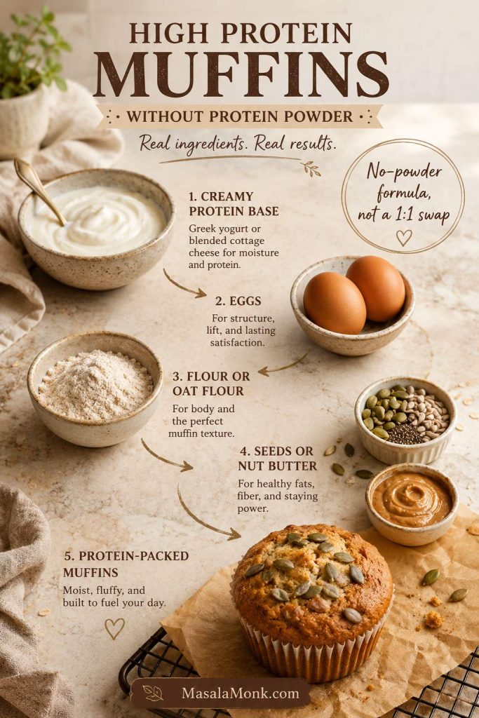 No-powder high protein muffin formula with Greek yogurt or cottage cheese, eggs, flour, seeds, nut butter, and a finished muffin.