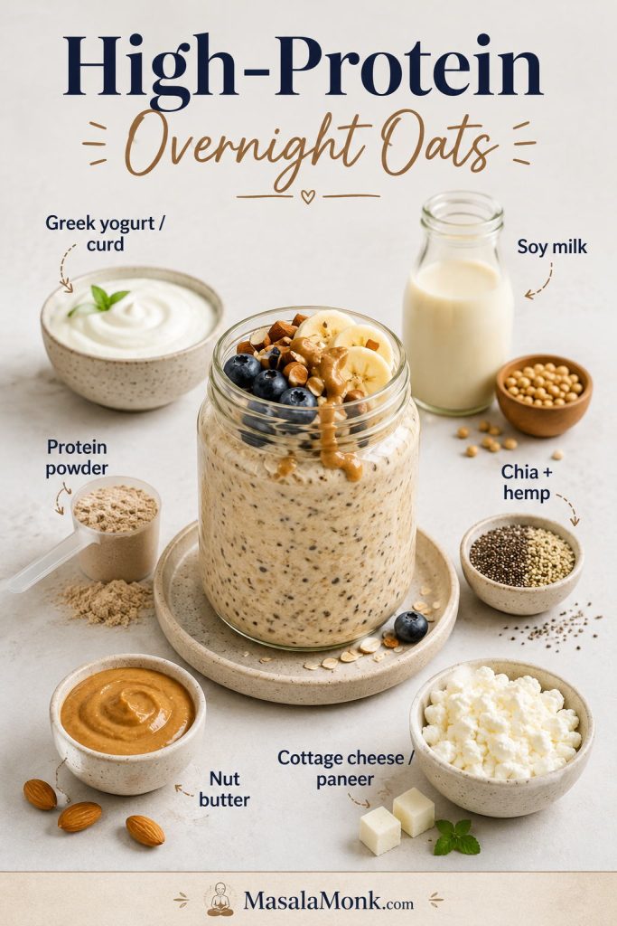 High-protein overnight oats guide with Greek yogurt or curd, soy milk, protein powder, chia, hemp, nut butter, and cottage cheese or paneer.