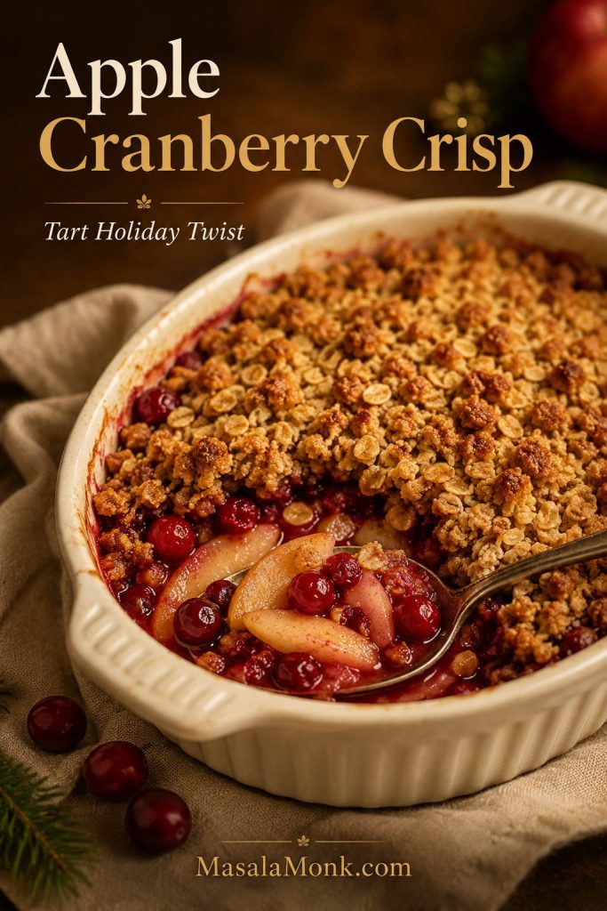 Apple cranberry crisp with ruby cranberries, sliced apples, and golden oat crumble in a cream baking dish.