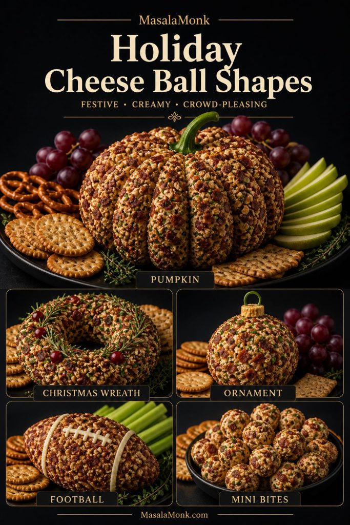 Holiday cheese ball shapes guide showing a pumpkin-shaped cheese ball, Christmas wreath cheese ball, ornament cheese ball, football cheese ball, and mini cheese ball bites.