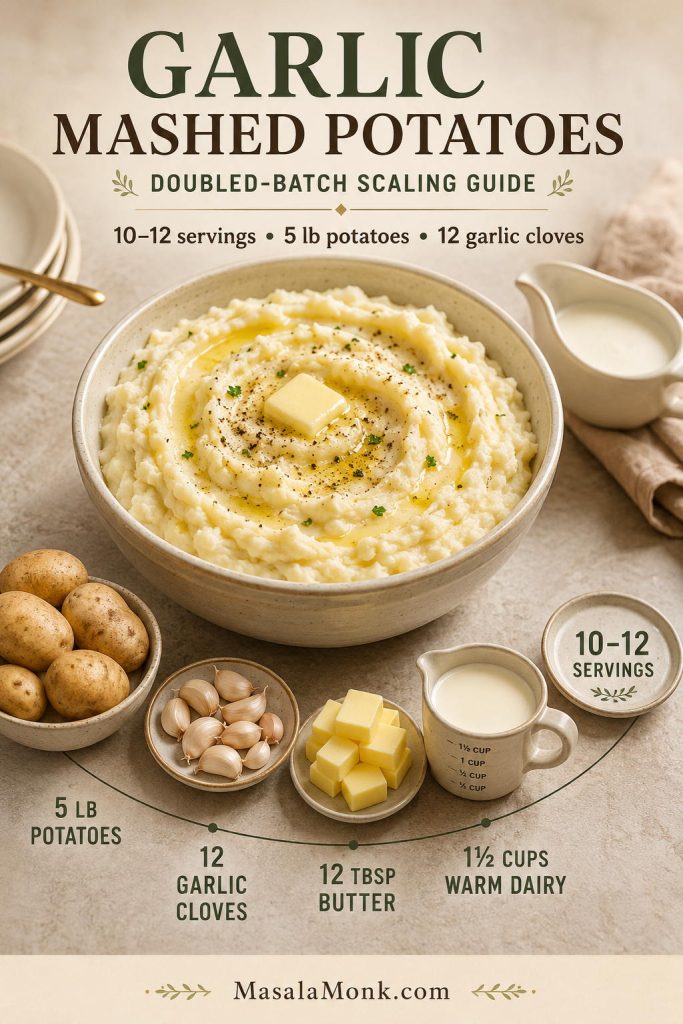 Holiday mashed potato scaling guide with a large bowl and ingredients for 10 to 12 servings.