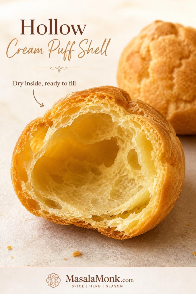 Split cream puff shell showing a hollow, dry interior ready for filling.