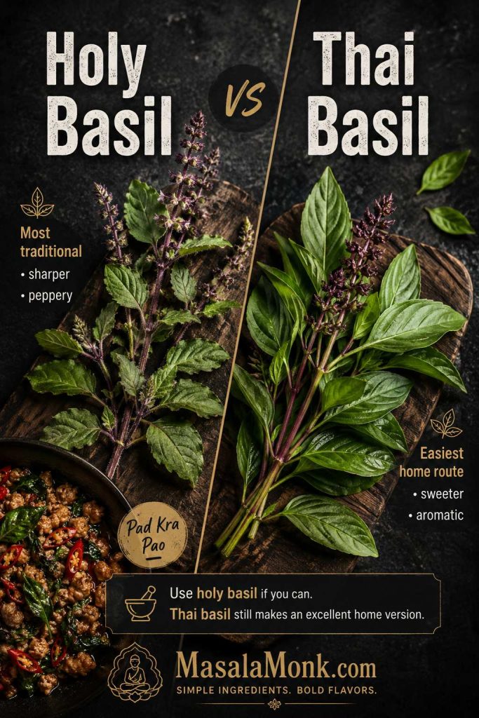 Comparison board showing holy basil and Thai basil leaves with flavor notes beside a small Pad Kra Pao dish.