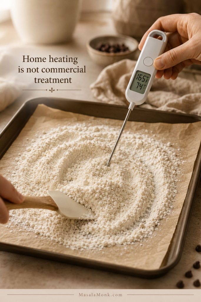 Flour spread on a parchment-lined baking tray with an instant-read thermometer inserted, illustrating a home flour-heating method.