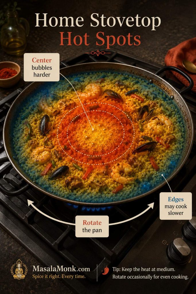 Home stovetop paella heat guide showing the center bubbling harder, slower-cooking edges, and arrows for rotating the pan.