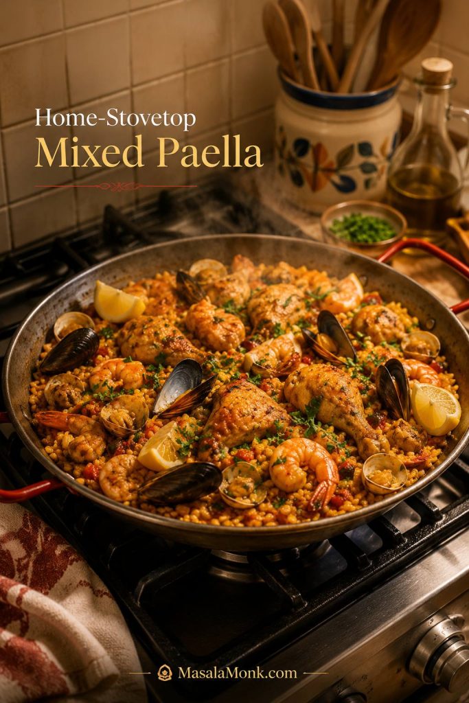 Mixed paella with chicken, shrimp, shellfish, and saffron rice cooking in a wide pan on a regular home stovetop.