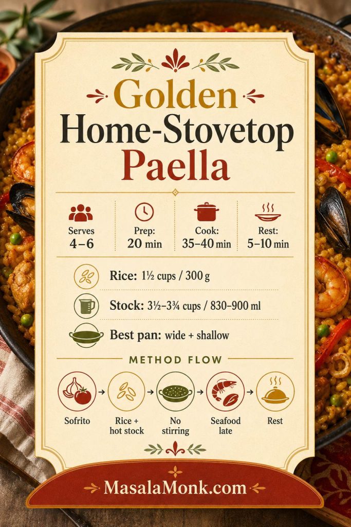 Saveable recipe card for golden home-stovetop paella with servings, timing, rice amount, stock amount, pan note, and method flow.