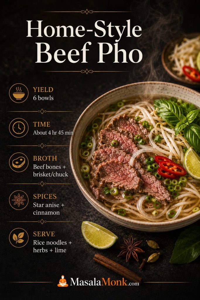 Home-style beef pho recipe card with a finished bowl, yield, cooking time, broth notes, spices, noodles, herbs, and lime.