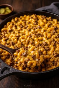 Homemade cheeseburger macaroni in a dark skillet with elbow pasta, browned ground beef, glossy cheddar sauce, and a serving spoon.