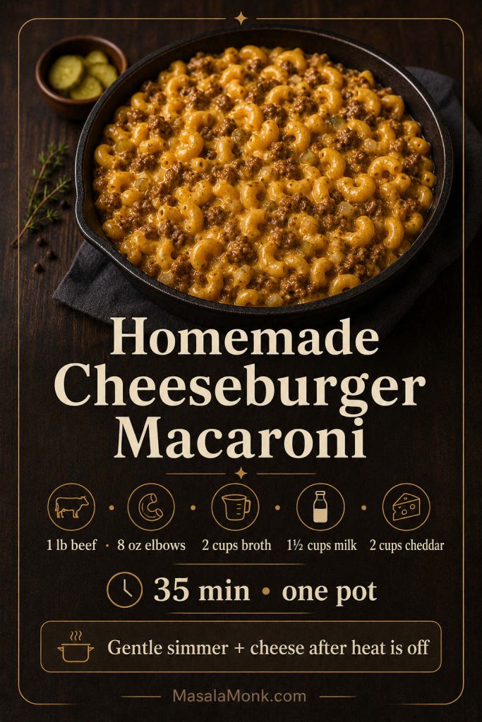Saveable recipe card for homemade cheeseburger macaroni with beef, elbow pasta, broth, milk, cheddar, timing, and key sauce tips.