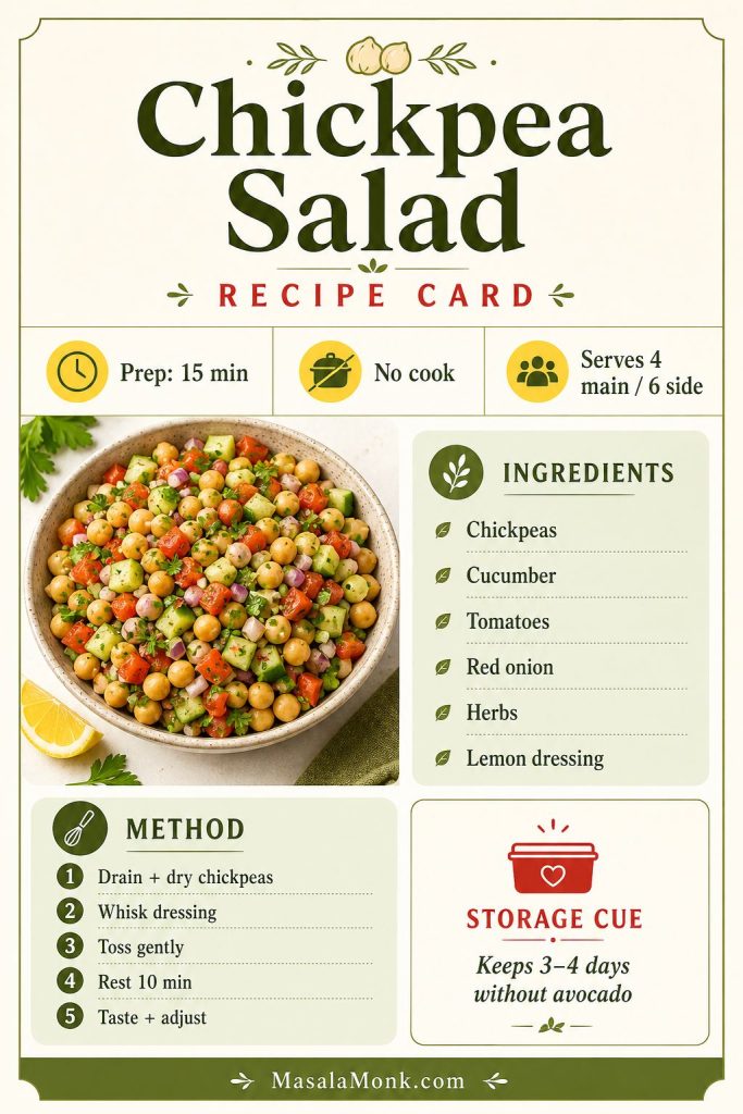 Recipe card graphic for chickpea salad with prep time, servings, core ingredients, method steps, and storage note.