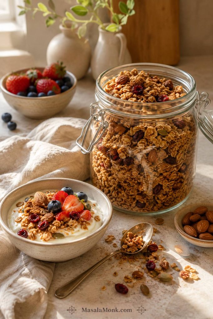 Jar of homemade granola beside a yogurt bowl with berries, spoon, linen, and warm morning light on a kitchen counter.