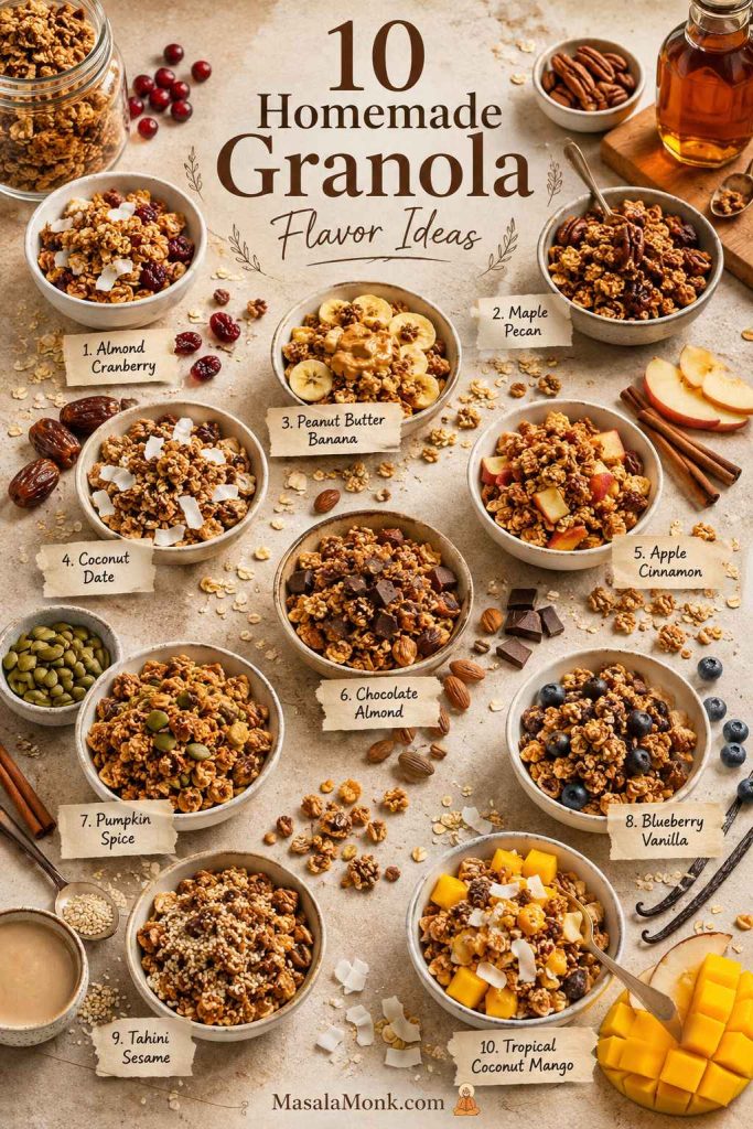 Board of ten homemade granola flavor ideas including almond cranberry, maple pecan, peanut butter banana, coconut date, apple cinnamon, chocolate almond, pumpkin spice, blueberry vanilla, tahini sesame, and tropical coconut mango.