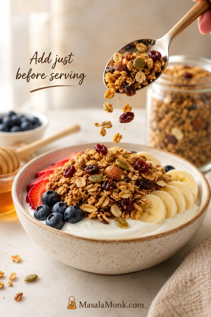 Spoonful of homemade granola being added over a bowl of thick yogurt with berries and banana slices.