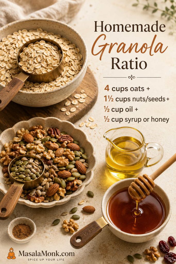 Homemade granola ratio guide showing rolled oats, nuts and seeds, oil, and maple syrup or honey arranged in separate ingredient zones.