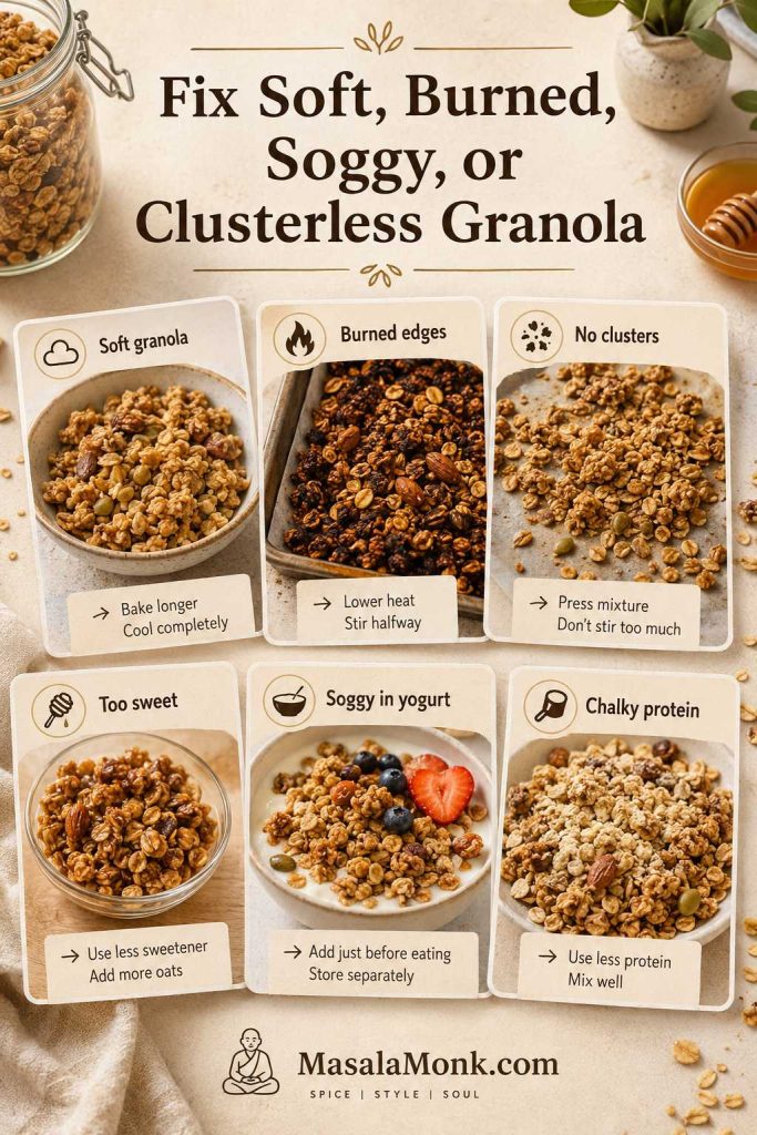 Homemade granola troubleshooting board showing soft granola, burned edges, no clusters, too sweet granola, soggy yogurt, and chalky protein granola.