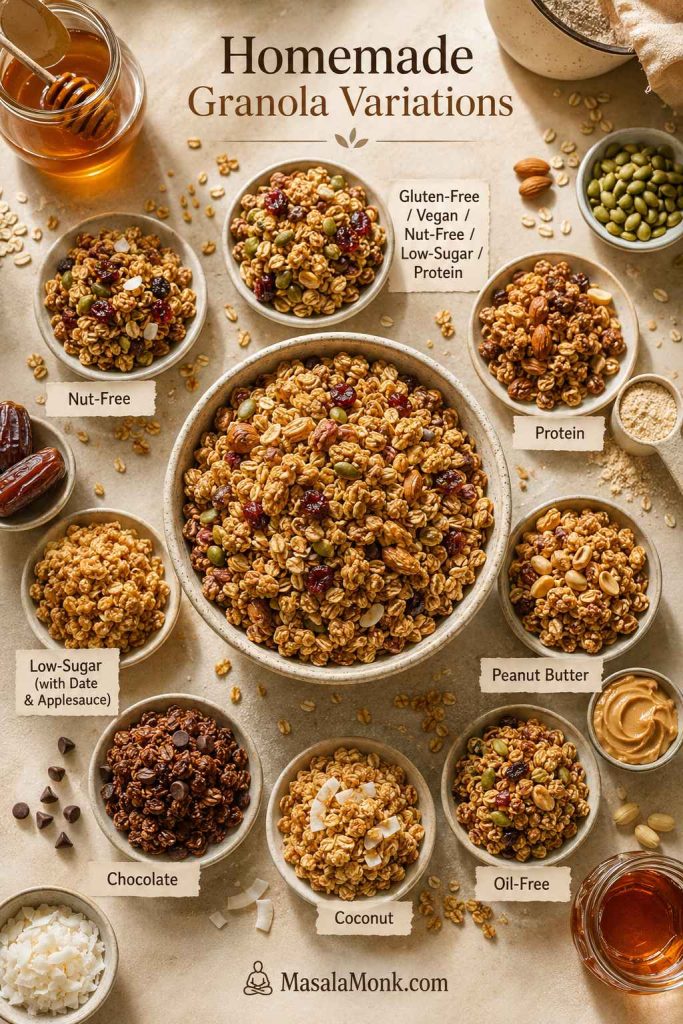 Homemade granola variations board with bowls for gluten-free, vegan, nut-free, low-sugar, protein, peanut butter, chocolate, coconut, and oil-free granola.