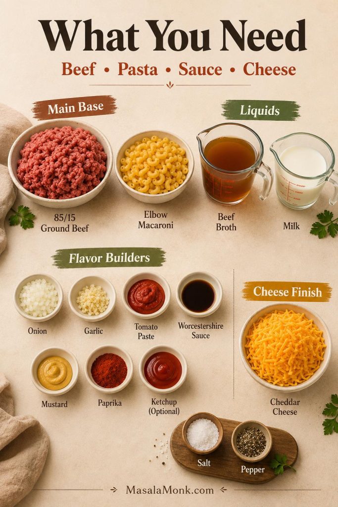Ingredients for homemade Hamburger Helper including ground beef, elbow macaroni, beef broth, milk, cheddar, onion, garlic, tomato paste, mustard, Worcestershire sauce, and paprika.