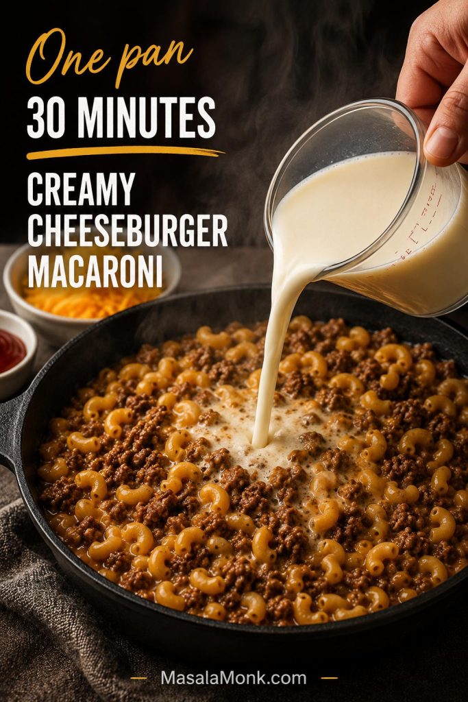 One-pan homemade Hamburger Helper in progress with ground beef, pasta, liquid, and cheddar for a quick skillet dinner.