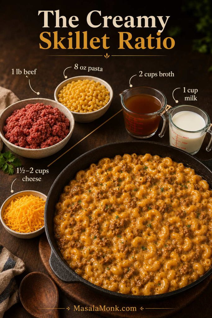 Homemade Hamburger Helper ratio guide showing 1 pound ground beef, 8 ounces pasta, 2 cups broth, 1 cup milk, and 1 1/2 to 2 cups cheese.
