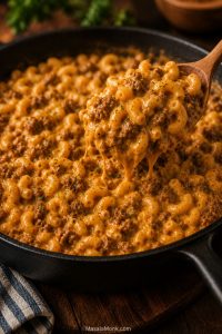 Deep skillet of homemade Hamburger Helper with elbow macaroni, ground beef, and glossy cheddar sauce lifted on a spoon.
