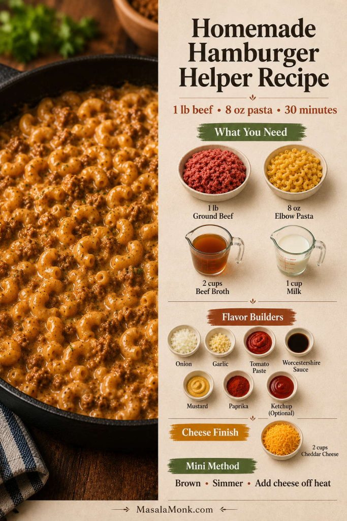 Saveable homemade Hamburger Helper recipe card with ground beef, macaroni, cheddar sauce, and the one-pot method.