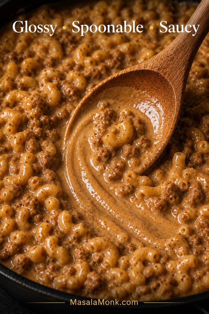 Spoon test showing glossy homemade Hamburger Helper sauce coating macaroni and ground beef in a skillet.