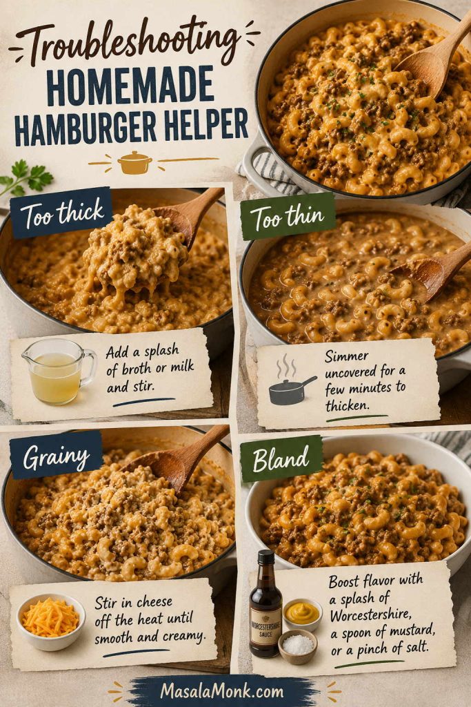 Troubleshooting guide for homemade Hamburger Helper showing fixes for sauce that is too thick, too thin, grainy, or bland.