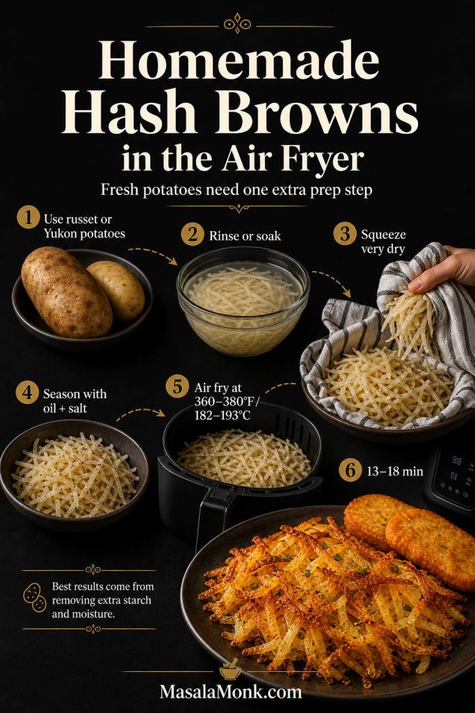 Infographic for homemade hash browns in the air fryer showing grated fresh potatoes being rinsed, squeezed dry in a towel, seasoned, spread in the basket, and cooked until crisp.