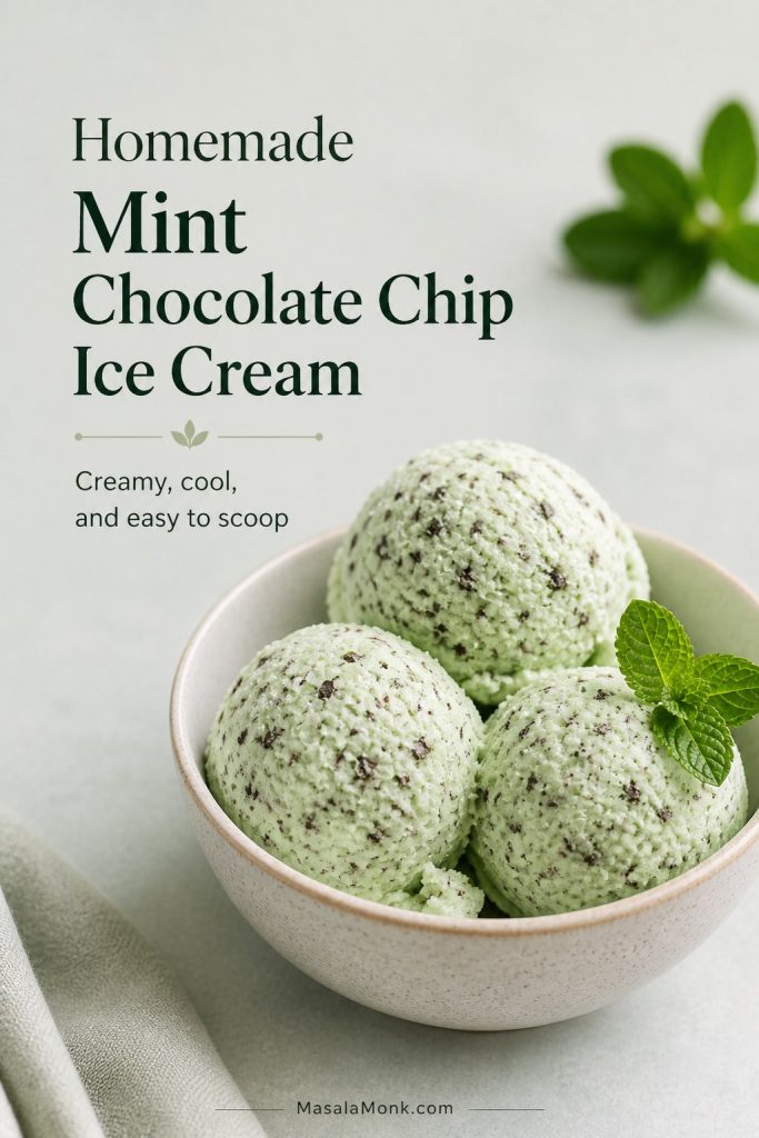 Bowl of homemade mint chocolate chip ice cream with three pale green scoops, chocolate flecks, and a mint garnish.