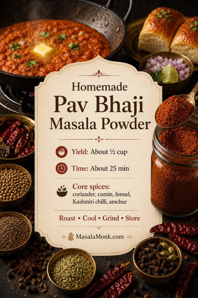 Saveable homemade pav bhaji masala recipe card with yield, timing, core spices, and roast-cool-grind-store method.