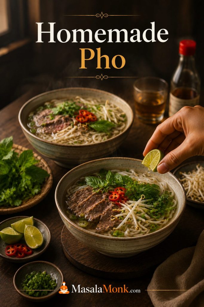 Two bowls of homemade pho served with lime, herbs, sprouts, scallions, chili, and a hand squeezing lime over one bowl.