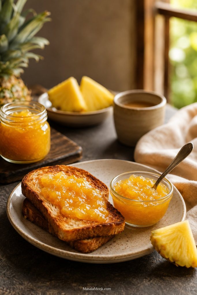 Toast spread with homemade pineapple jam beside a small bowl of chunky preserves, pineapple wedges, spoon, and warm breakfast setting