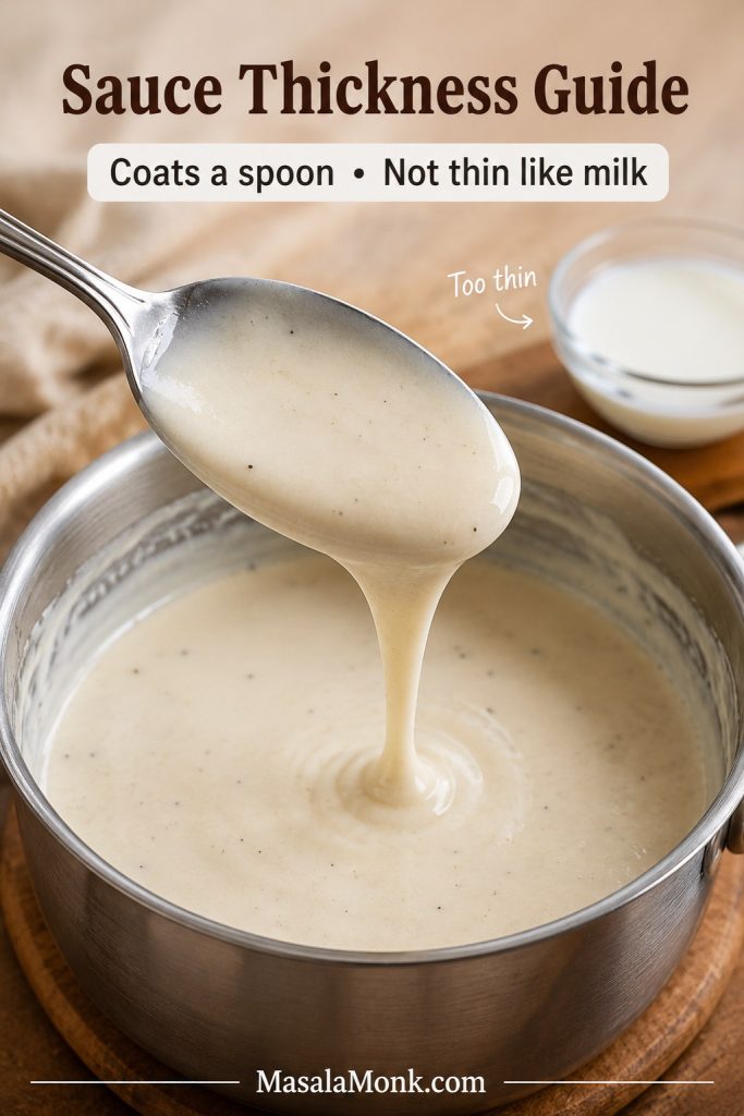 Homemade sauce coating a spoon to show the correct thickness for hashbrown casserole without canned soup.