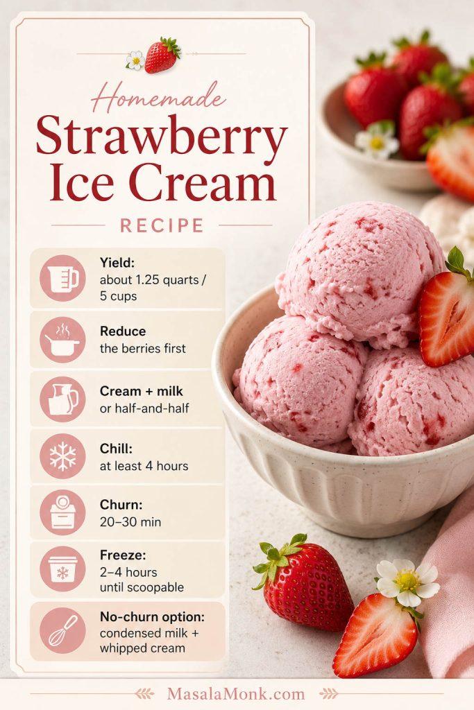 Homemade strawberry ice cream recipe card with yield, reduced strawberries, dairy, chill time, churn time, and no-churn option